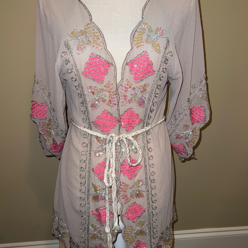 Freeway Women's Sequins Beaded Kimono Cardigan Wrap Taupe Pink Bohemian Small